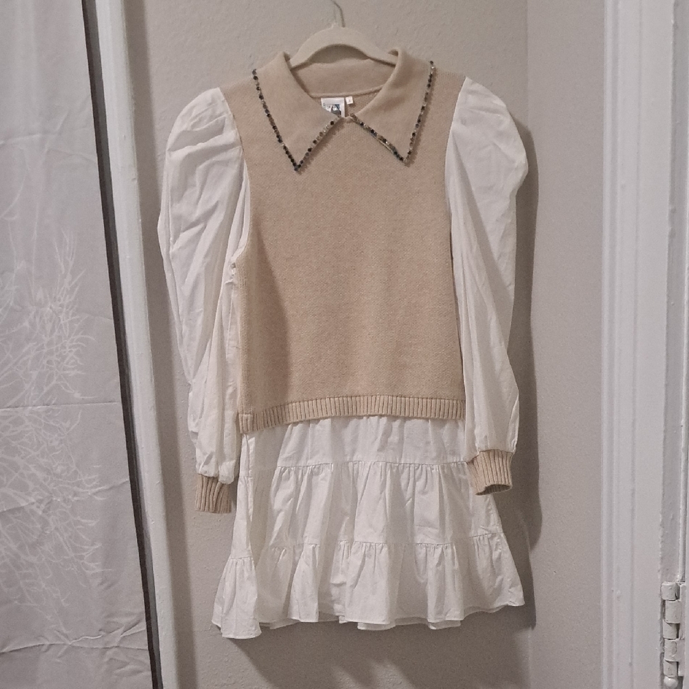 Queen Of Sparkles Beige and White Layered Dress with Beaded Collar